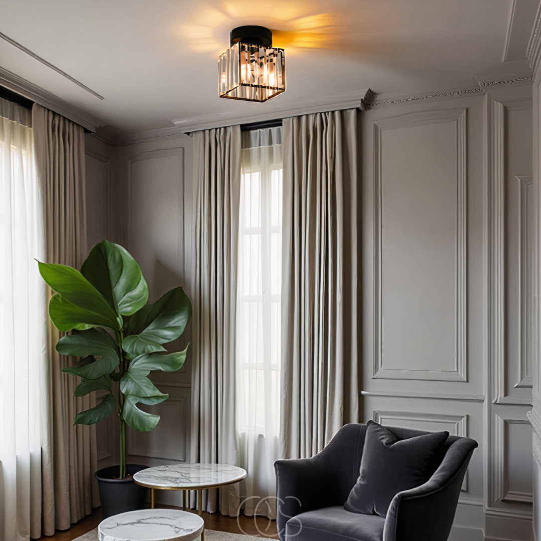 Opertsa - Crystal ceiling lamp - Black Metal & K9 Crystal flush mount