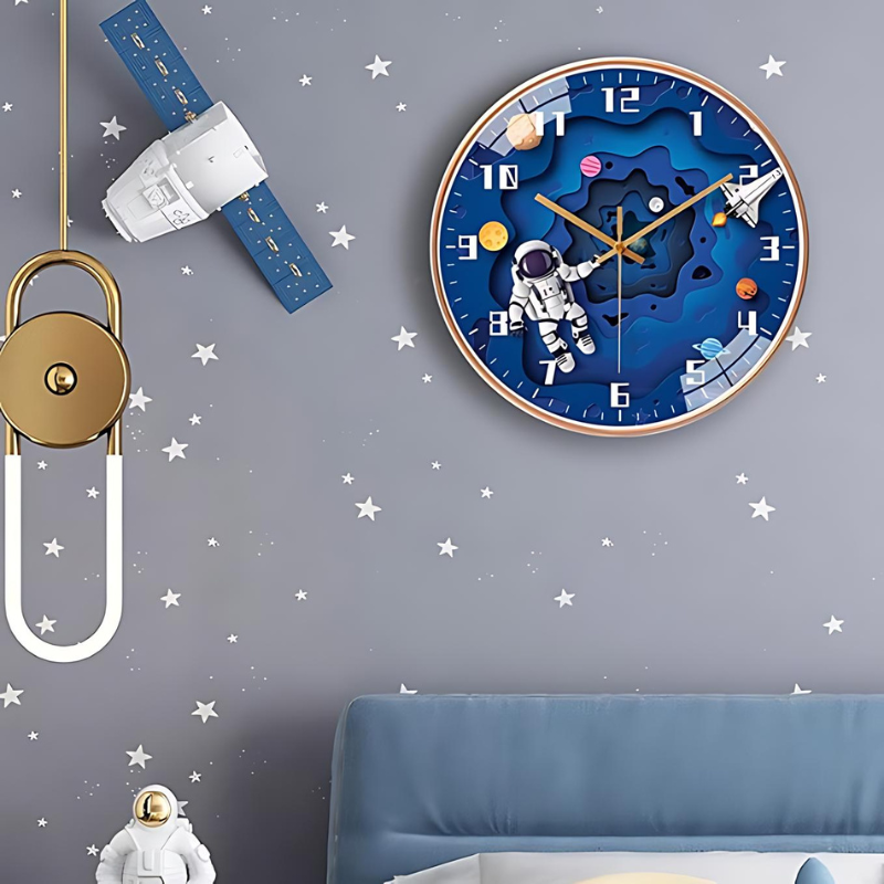 Astronaut Wall Clock for Kids - Colorful Space-Themed Timepiece with Silent Operation