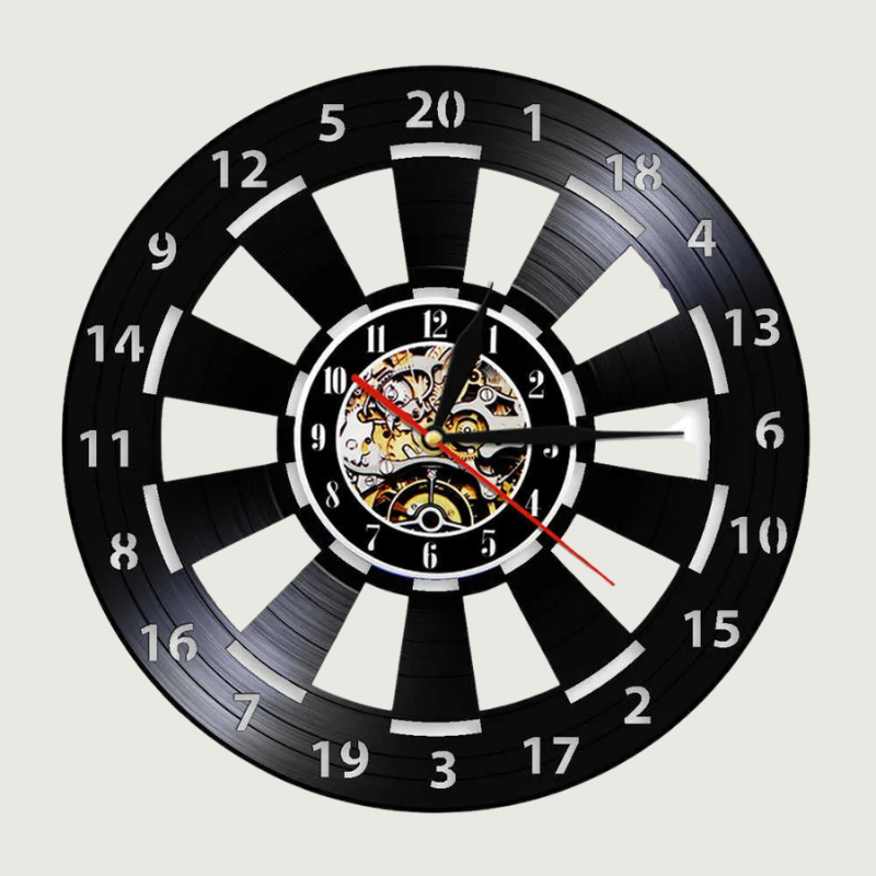 Dartboard Wall Clock – 30 cm Recycled Vinyl with Silent Quartz Movement for Game Room Decor