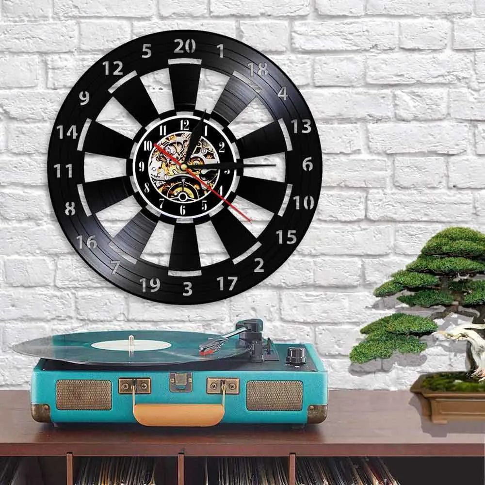 Dartboard Wall Clock – 30 cm Recycled Vinyl with Silent Quartz Movement for Game Room Decor