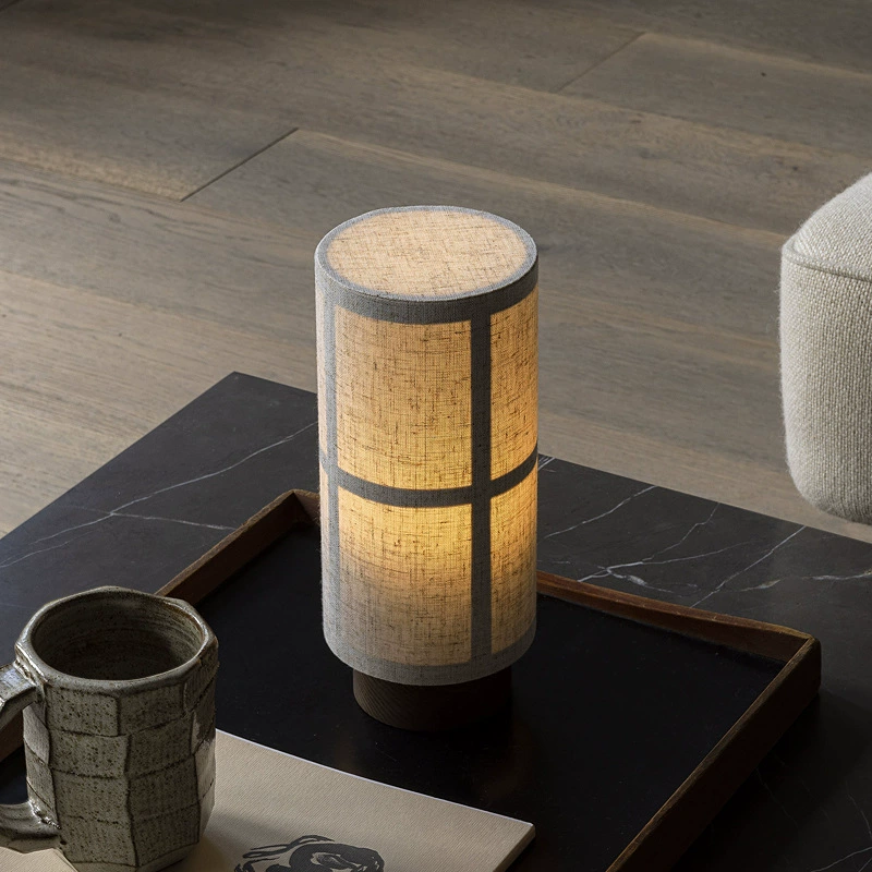 Japanese Silk Table Lamp with Wooden Base