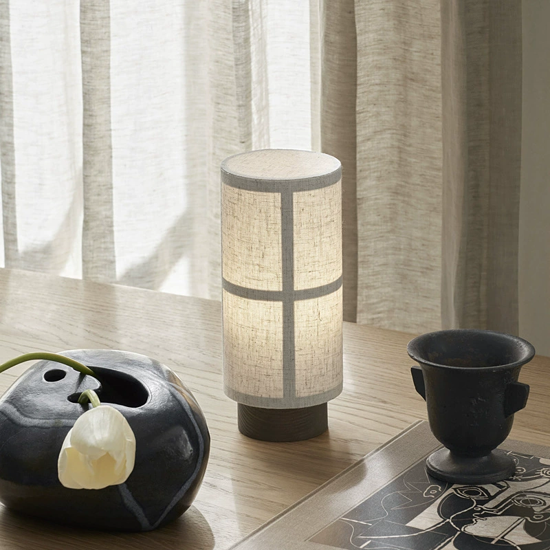 Japanese Silk Table Lamp with Wooden Base