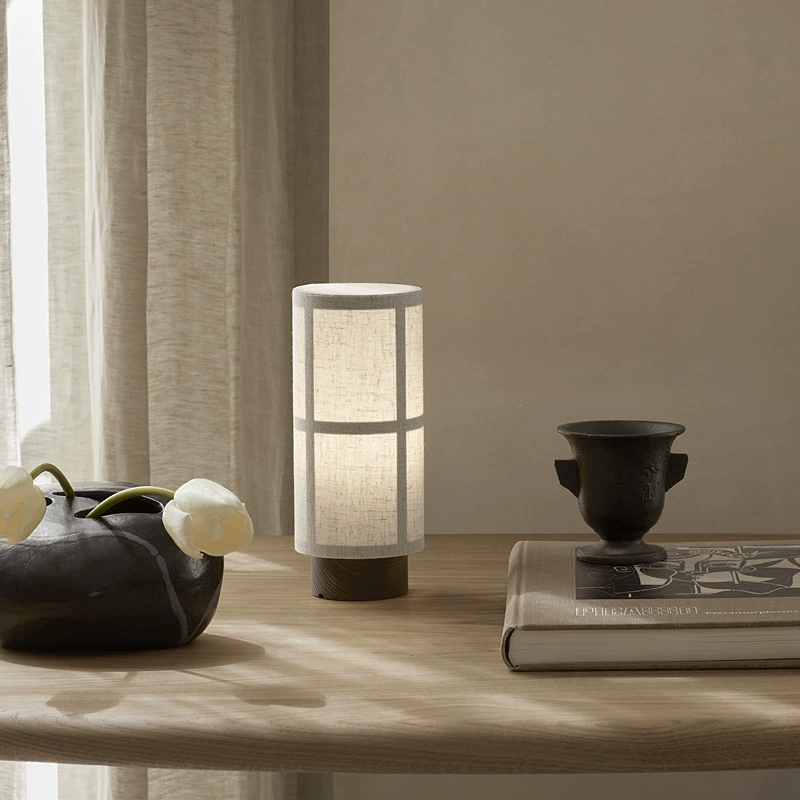 Japanese Silk Table Lamp with Wooden Base