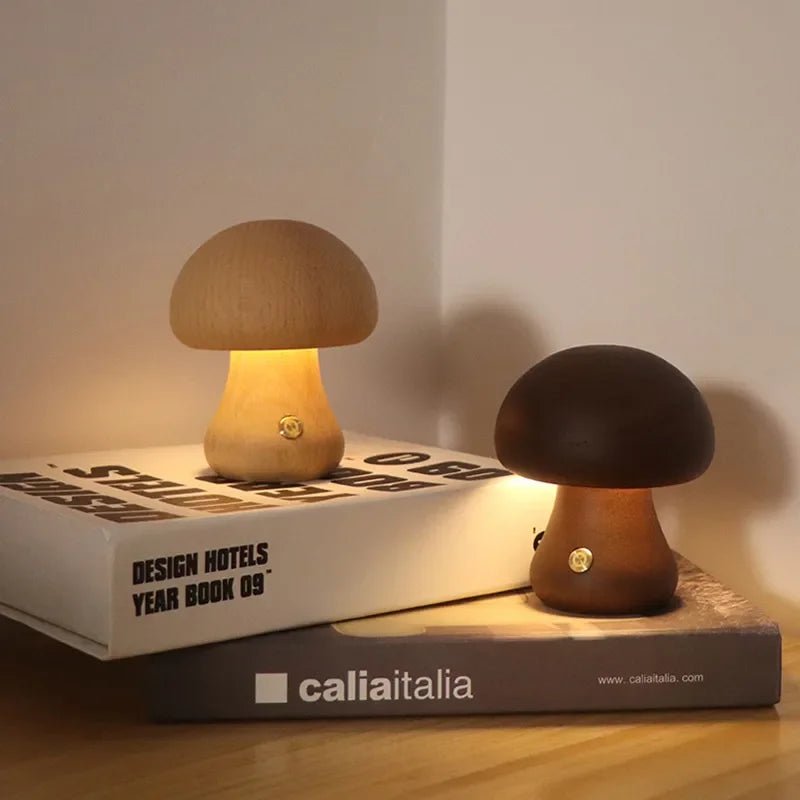 Rechargeable Mushroom Table Lamp with Touch-Sensitive LED – Eco-Friendly Beech and Rubber Wood