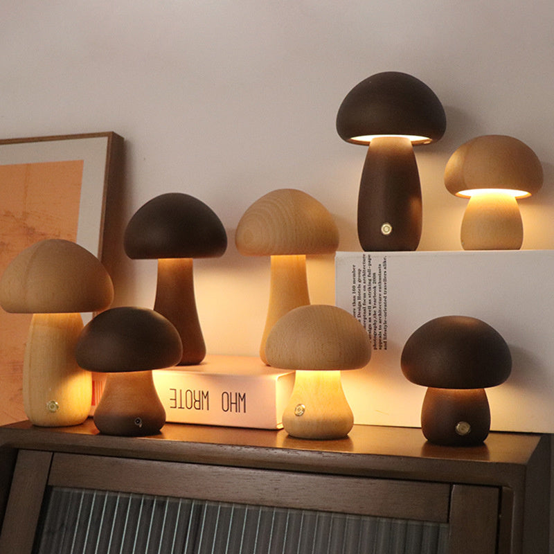 Rechargeable Mushroom Table Lamp with Touch-Sensitive LED – Eco-Friendly Beech and Rubber Wood