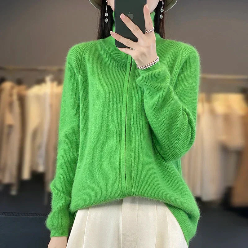 Elena cárdigan con cremallera 100% cachemira – suéter de estilo coreano de ajuste holgado