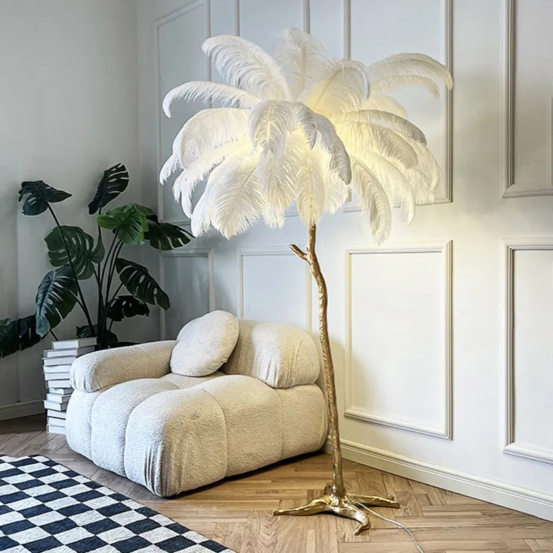 Lampe sur pied en plumes d'autruche