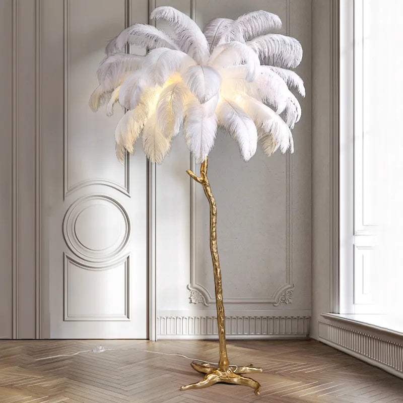 Lampe sur pied en plumes d'autruche